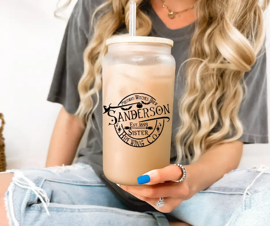 Sanderson Witches Brew Co 16 oz. Glass Tumbler - Portable Reusable Washable Drinkware with Lid and Straw for Iced Coffee, Halloween Stylish Tea Mug