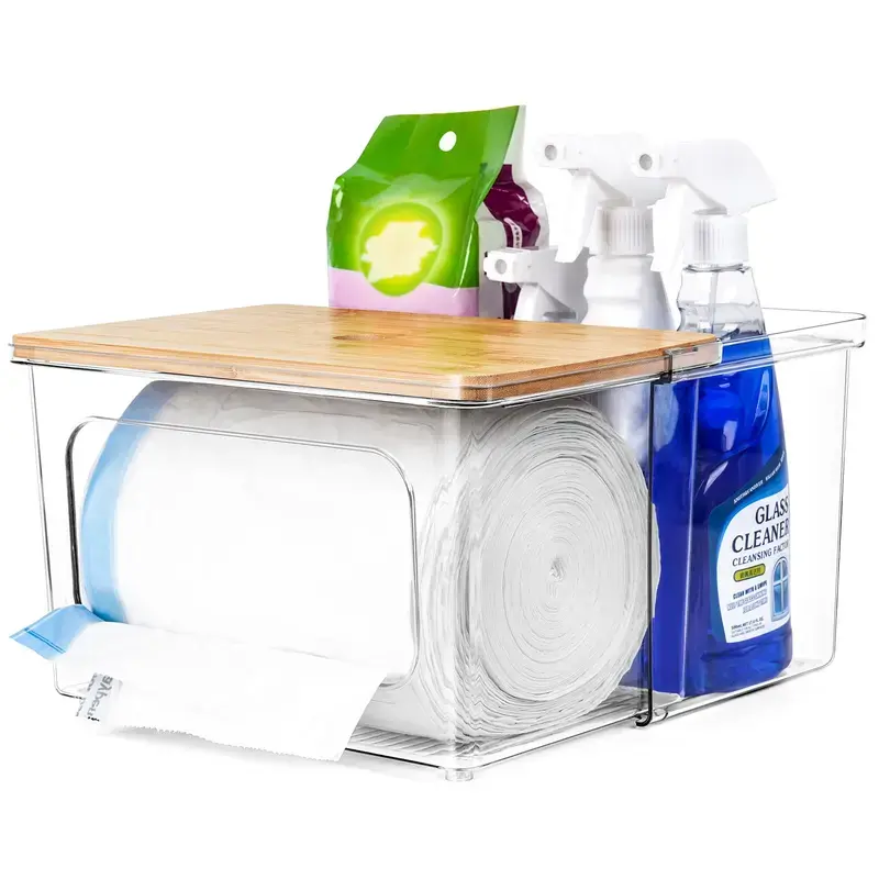 Trash Bag Dispenser Holder - 2 in 1 Clear Acrylic Plastic Garbage Bags Container With Bamboo Lid Storage Box for Kitchen Pantry Laundry Room Organization, Large Trash Bag Organizer Under Sink