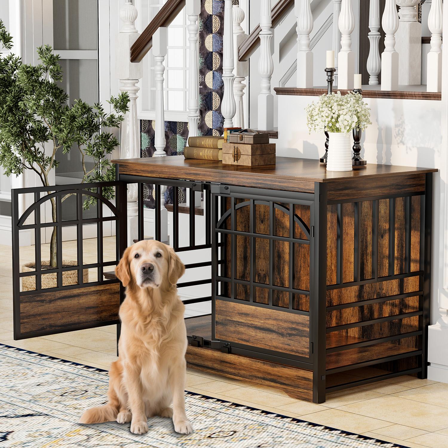 【SpringGlowUp】COZPAW Large Dog Crate Furniture, 48/52/71/78/86Inch Wooden Dog Kennel for XLarge Dogs, Heavy Duty Dogs Furniture Indoor Wire Dog Cage with Caster Wheels, Decorative Pet House End Table, Brown 【SpringGlowUp】COZPAW Large Dog Crate Furniture, 48/52/71/78/86Inch Wooden Dog Kennel for XLarge Dogs, Heavy Duty Dogs Furniture Indoor Wire Dog Cage with Caster Wheels, Decorative Pet House End Table, Brown