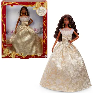 Barbie Signature 2025 Holiday Barbie Fashion Doll, Seasonal Collector, Black Hair with Silver & Gold Gown