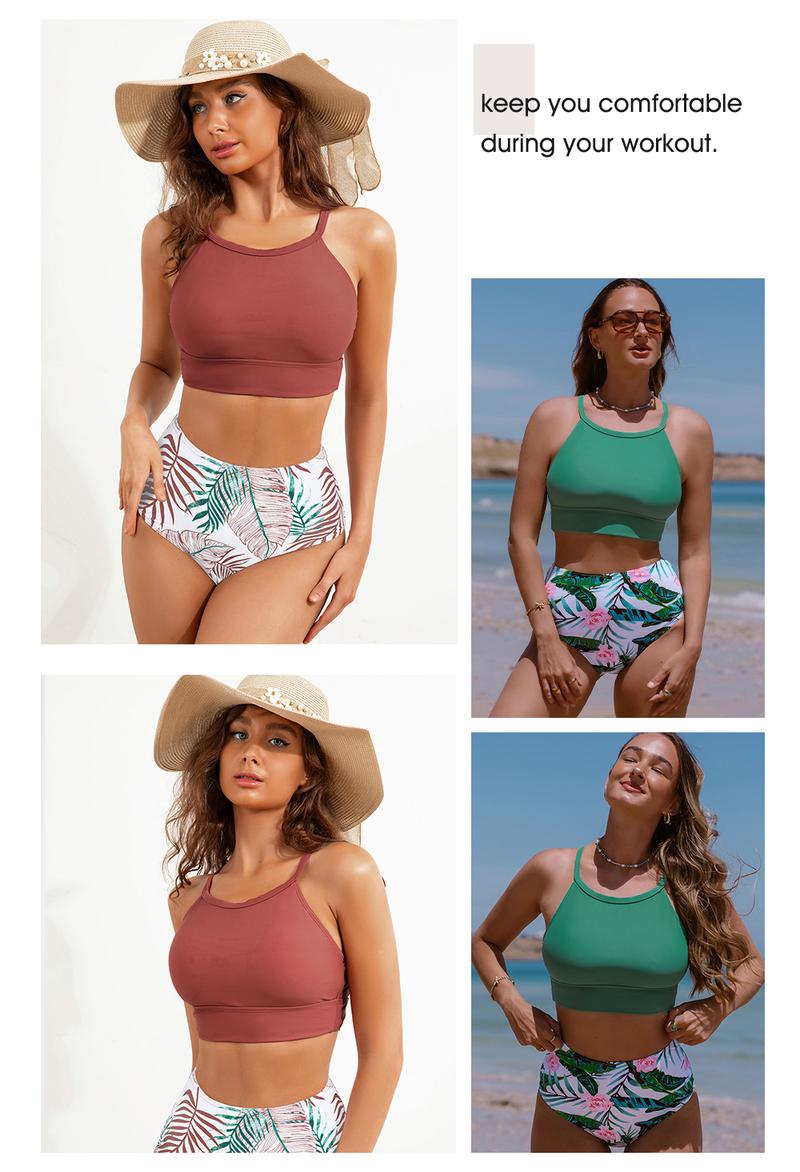 Aleumdr Women's Bikini Sets High Neck Tropical Leaf Print High Waisted Two Pieces Swimsuits Bathing Suits Sport Swimming Clothing Beach Floral Swimwear Top