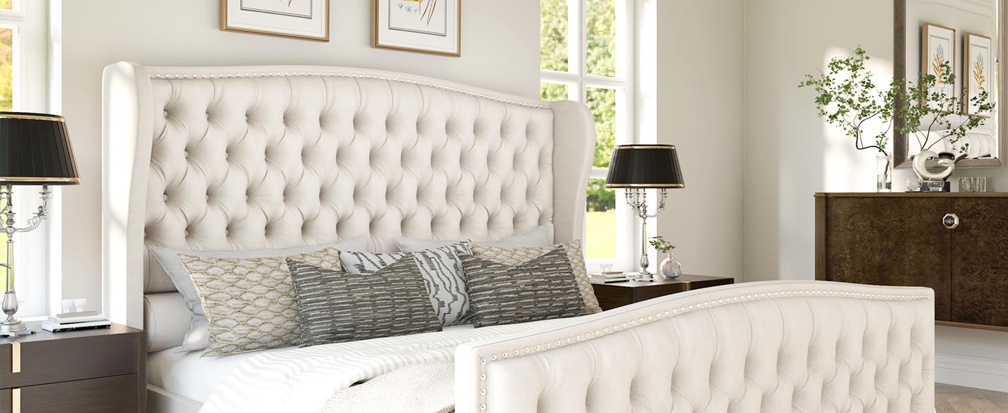 AMERLIFE  Platform Bed Frame,Velvet Upholstered Bed with Deep Button Tufted &Nailhead Trim Wingback Headboard/No Box Spring Needed/Christmas Gift