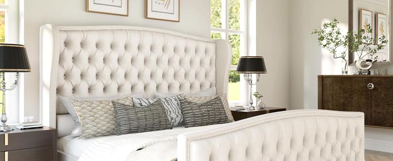 AMERLIFE  Platform Bed Frame,Velvet Upholstered Bed with Deep Button Tufted &Nailhead Trim Wingback Headboard/No Box Spring Needed/Christmas Gift