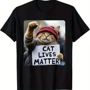 Summer t Shirts Funny Cat Graphic Cotton T-Shirt for Men - Breathable, Stretchy Crew Neck Tee with Geometric Design, Perfect for All Seasons
