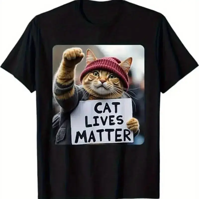 Summer t Shirts Funny Cat Graphic Cotton T-Shirt for Men - Breathable, Stretchy Crew Neck Tee with Geometric Design, Perfect for All Seasons