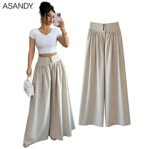 ASANDY Lightweight High-Waist Pleated Wide-Leg Pants, Buttoned Waist Flowy Pants with Pockets for Casual and Boho Outfits