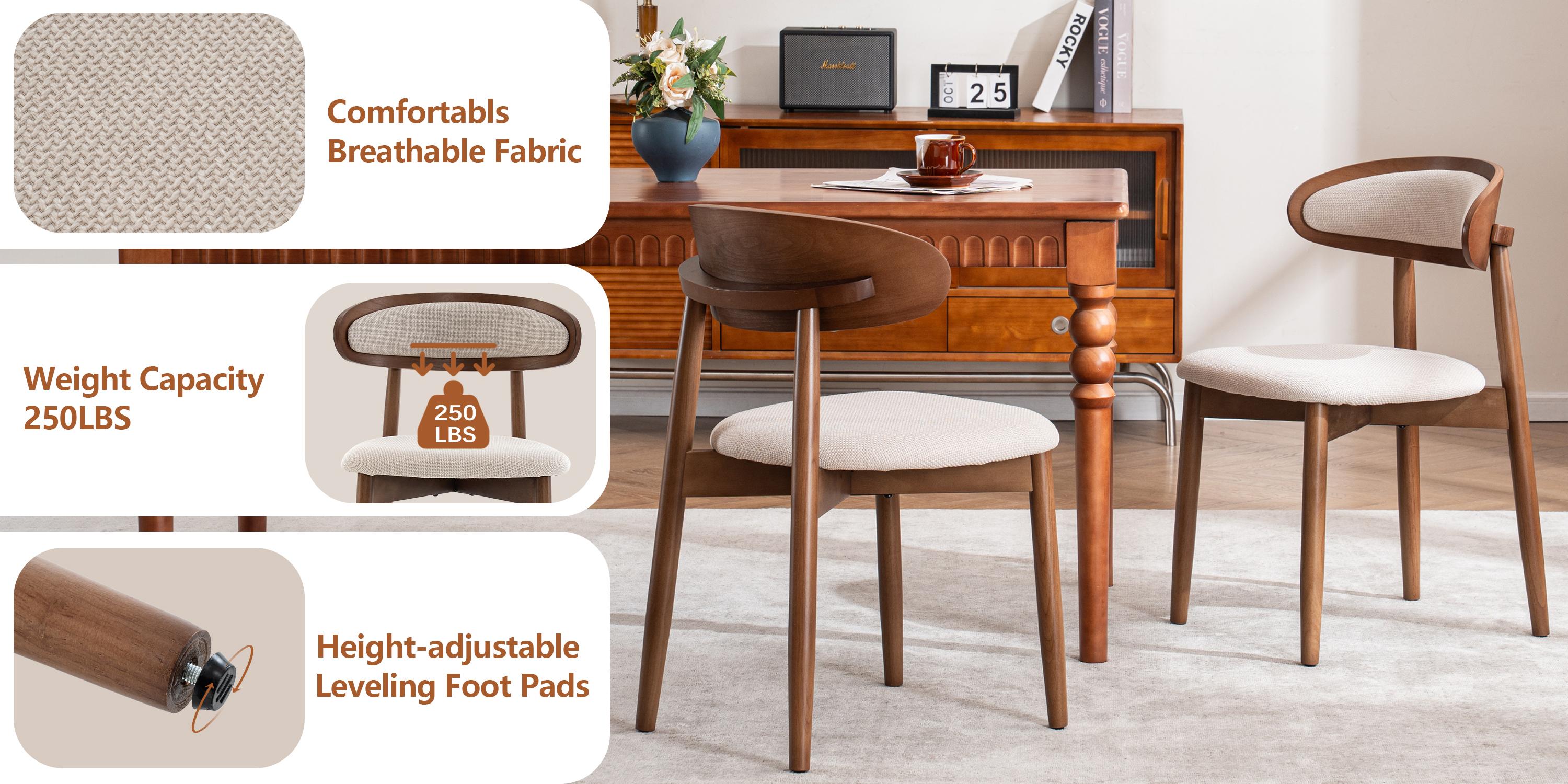 RIMIKING Upholstered Wooden Dining Chair （1 carton 2pcs）, Breathable Fabric Seat, Curved Back Design, Sturdy Rubberwood Legs,6870