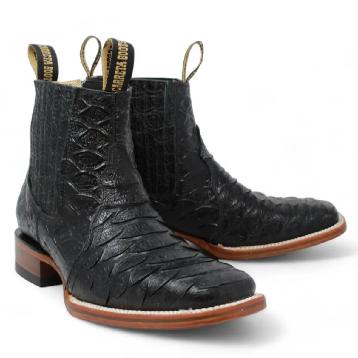 Men's Black Square-Toe Ankle Leather Boots, Faux Jumbo Python Print Footwear for Men's Shoe Collection