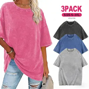 Holafish 3-Pack Unisex Pure Cotton T-Shirts, Casual Loose-Fit Solid Color Street Style Tops, Acid Washed Finish, Soft and Retro Street Style T-Shirts