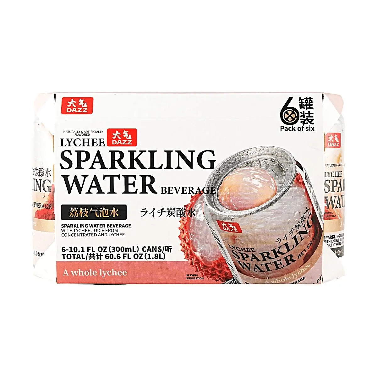 DAZZ Lychee Sparkling Water 6-Pack (300ml Cans) - Real Lychee Pulp, Refreshing Fruit Drink