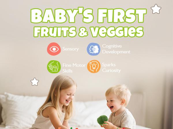 Hahaland 16Pcs My First Fruit Vegetable Color Sorting Color Play Food Toddler Toy with Crinkle Rattle Sound Montessori Educational Toy for Babies 6-12 Months Safe Soft Durable 6M+ 1-3 Years Birthday Christmas Valentine's Day Gift for Kids