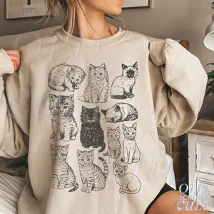 [SALE UP TO 50% + FREE SHIP] Vintage Cat Sweatshirt, Retro Kitten Graphic Pullover, Cozy Cottagecore Cat Lover Gift, 90s Style Oversized Crewneck, Cute Cat Mom Sweater