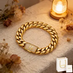18K Gold-Plated Miami Cuban Link With Bracelet A-Z 26 Letter Zirconia Clasp For Men And Women Hip Hop Jewelry Gift Box