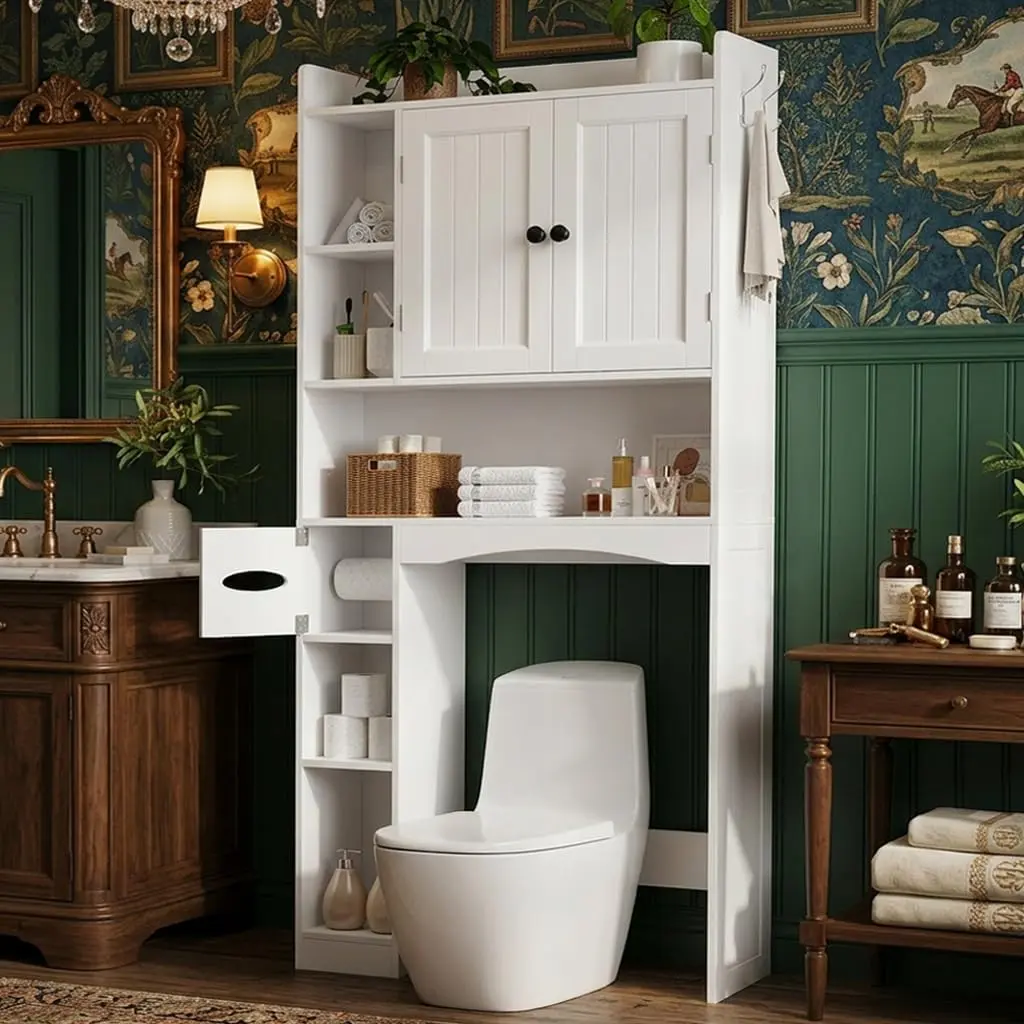 Gizoon 66''H Over The Toilet Storage Cabinet, with Ample Storage Space | Over Toilet Bathroom Organizer, with 2 Doors for Storage, Adjustable Shelf, 2 Hooks, Paper Holder, for Bathroom, Laundry