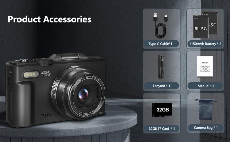 4K Digital Camera for Photography with 64MP, 3 Inch 180° Flip Screen, 18X Digital Zoom, 32GB Micro SD Card, 2 Batteries, Ideal for Gift