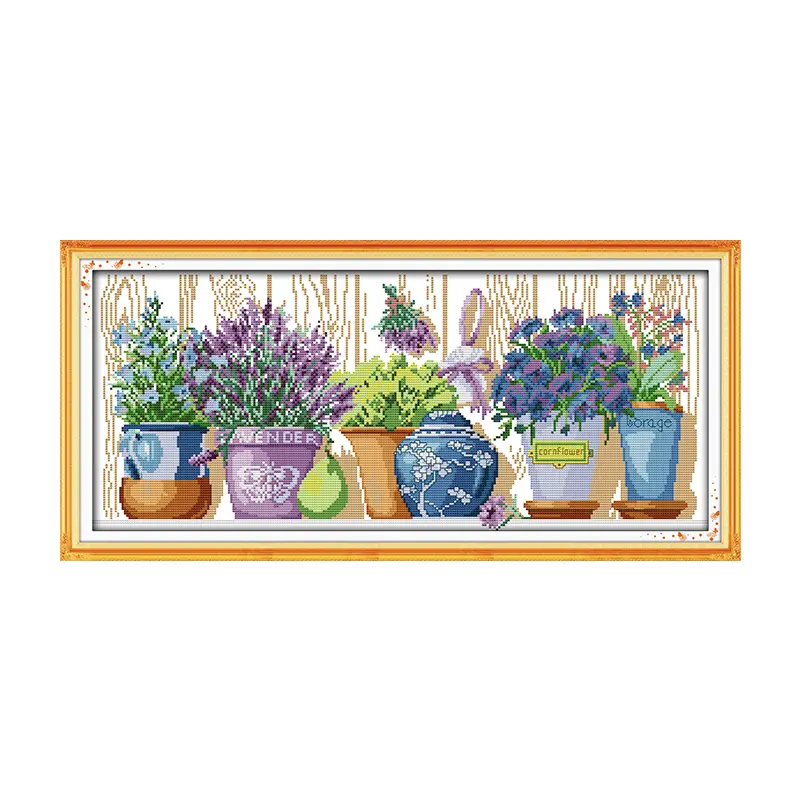 Classic Cross-Stitch Kit for Beginners, Silk Counted Embroidery DIY Craft (267X113) - Potted Windowsill Plants, Traditional Floral Home Decor Wall Art for Living Room, Meaningful Holiday/Birthday Gift