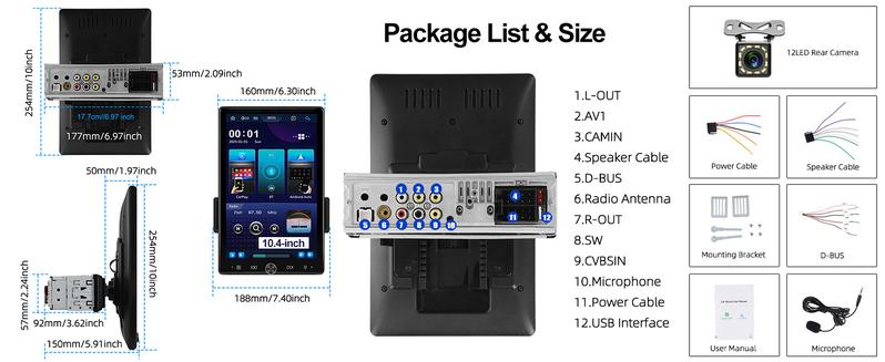 10.4 inch Single Din Car Stereo with Wireless Carplay Android Auto, 1080P IPS Detachable Touch Screen,5.2 Bluetooth, 12LED Backup Camera,FM Radio,USB/AUX,Mirror Link,SWC 10.4 inch Single Din Car Stereo with Wireless Carplay Android Auto, 1080P IPS Detachable Touch Screen,5.2 Bluetooth, 12LED Backup Camera,FM Radio,USB/AUX,Mirror Link,SWC