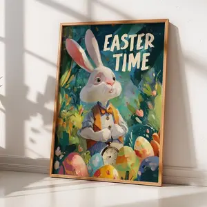 Easter Bunny Poster Easter Time Wall Art White Rabbit Inspired Print Colorful Egg Art( Unframed - Print Only )