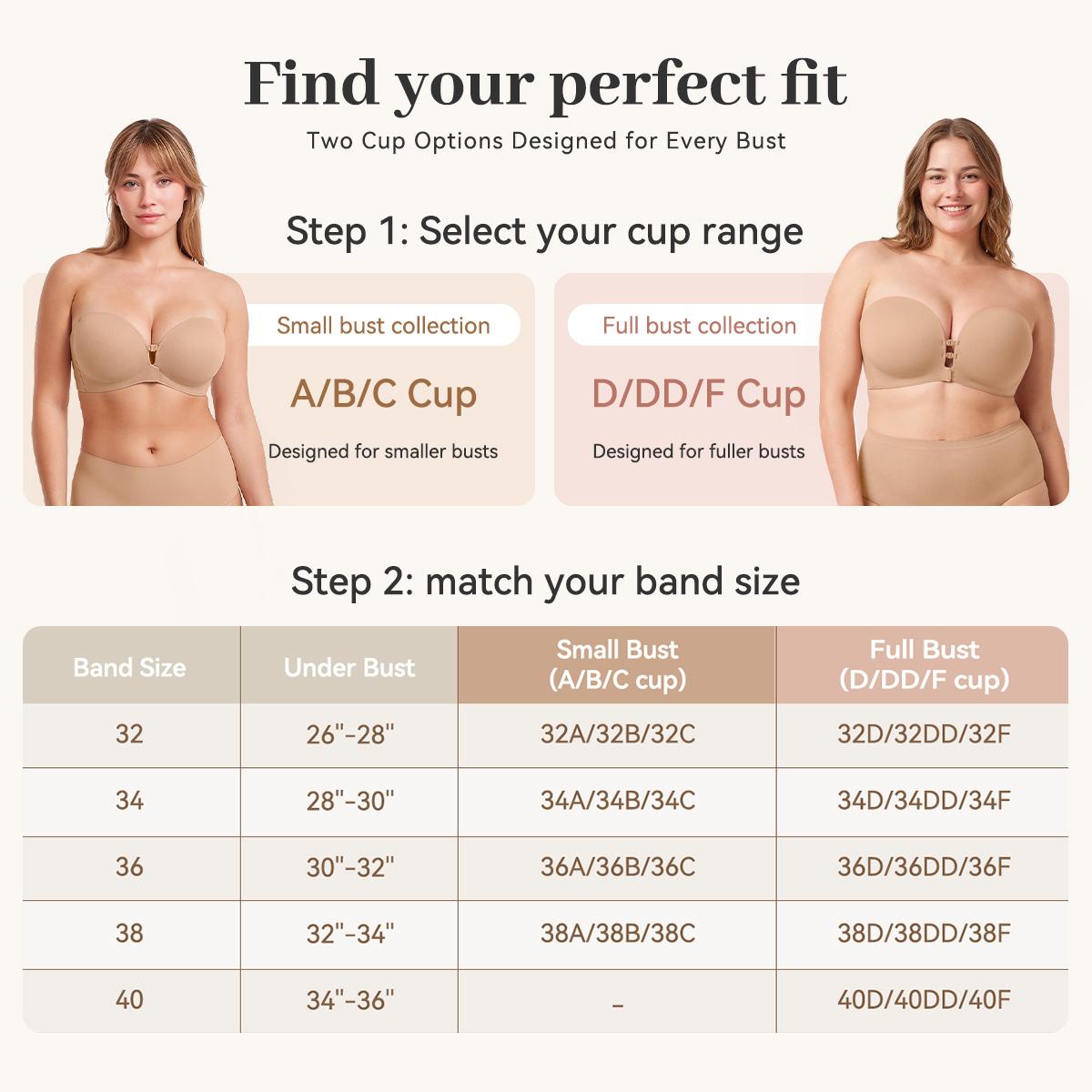 Fit guide showing small bust A B C cup and full bust D DD F cup options