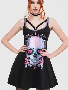 Rgothic Women’s Sleeveless Gothic Skull-Flower Print O-Ring Strappy Tank Dress - Alt-Style Punk Mini Dress for Summer