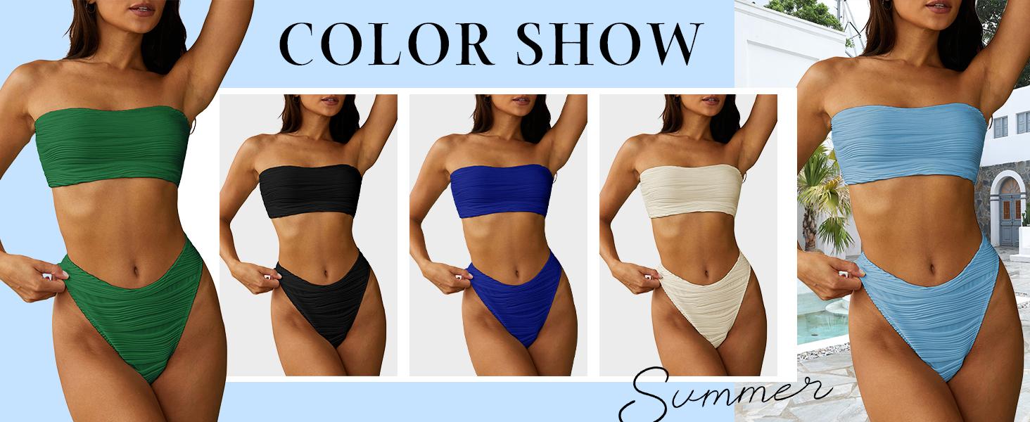 ZAFUL Women 2 Piece Bandeau Swimsuits Ribbed Lace up Strapless Bandeau Bikini Set High Cut Bathing Suits
