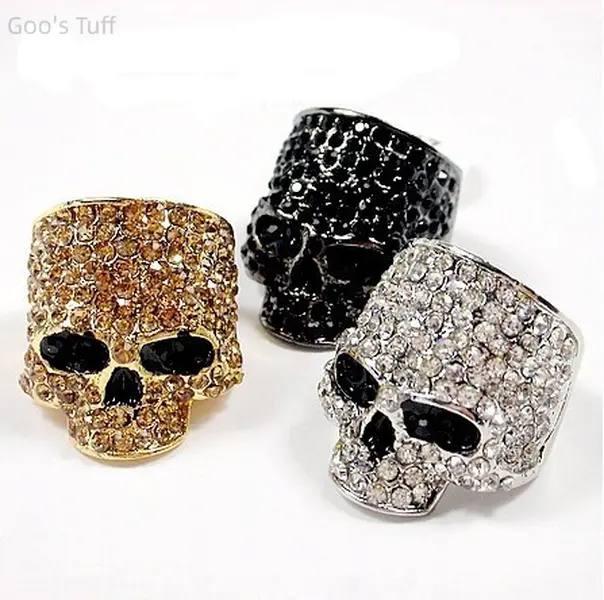 Metal Band Fashion Ring - Full Rhinestone Skull Skeleton Motif, Sparkling Crystal Accents, Edgy Alt Style Punk Goth Jewelry Rings, Statement Costume Accessory for Nightclub Evening Wear, Finger Rings