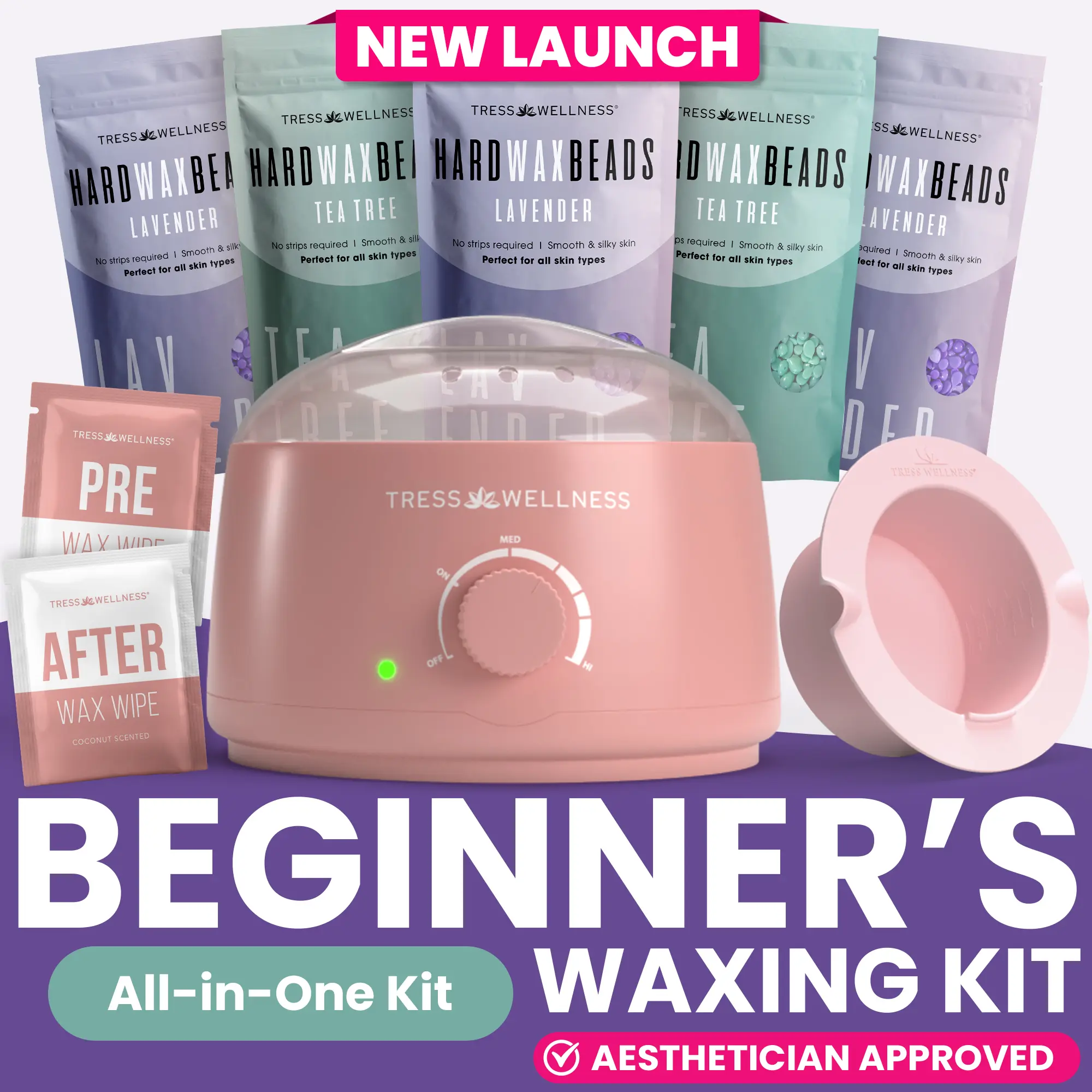 [NEW] Tress Wellness Beginner's All-in-One Waxing Kit with Jojoba Oil Infused Wax Beads Reusable Silicone Bowl & Wax Heater for Gentle Hair Removal Sensitive Body Care Smooth Salon