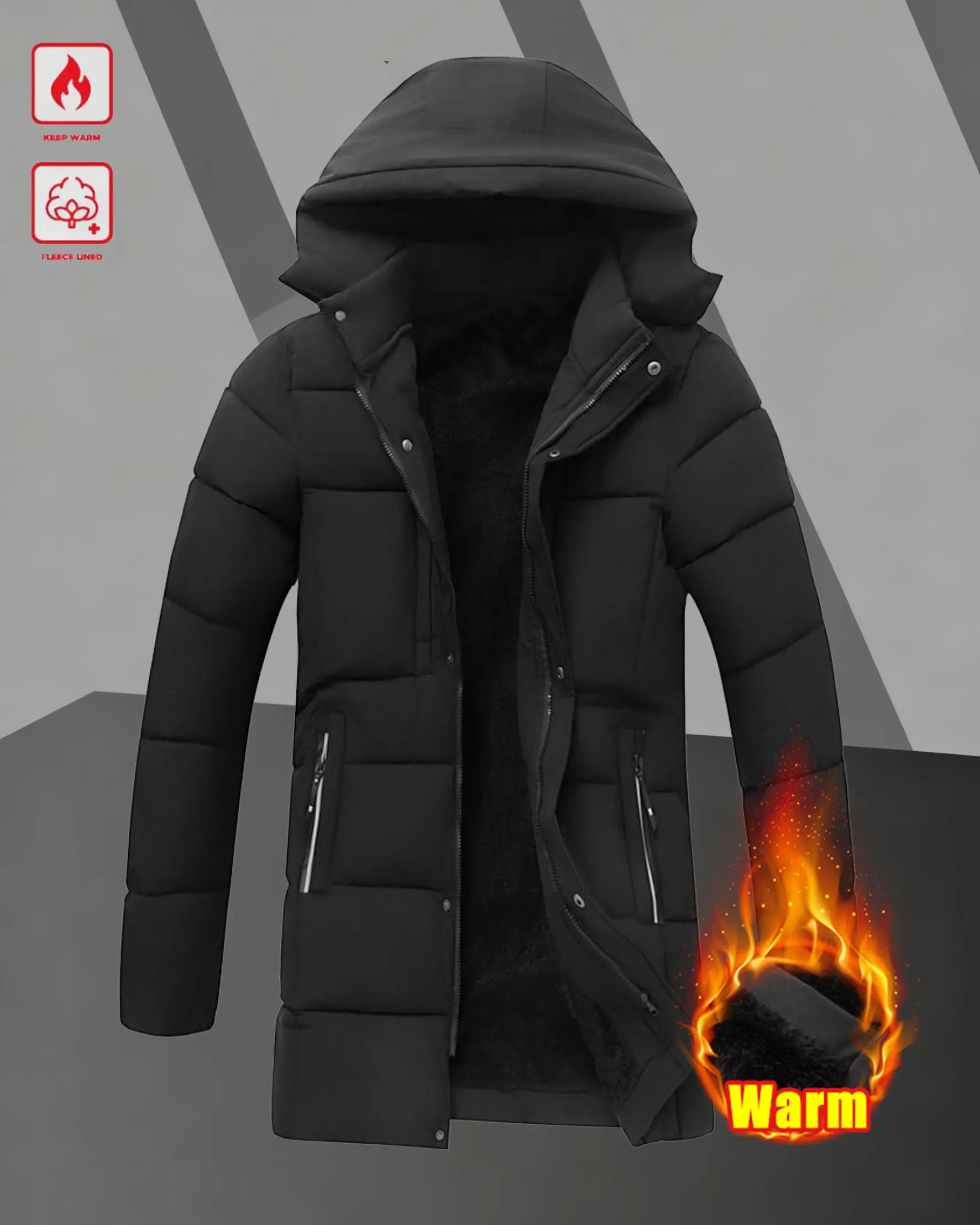 Men's Fitted Long Sleeve Plain Black Hooded Mid-Length Polyester Fleece-Lined Jacket Coat - Waterproof, Warm, Pull On, Multi-Function, Dry Clean, Daily Wear Essential, Menswear Basics Tops