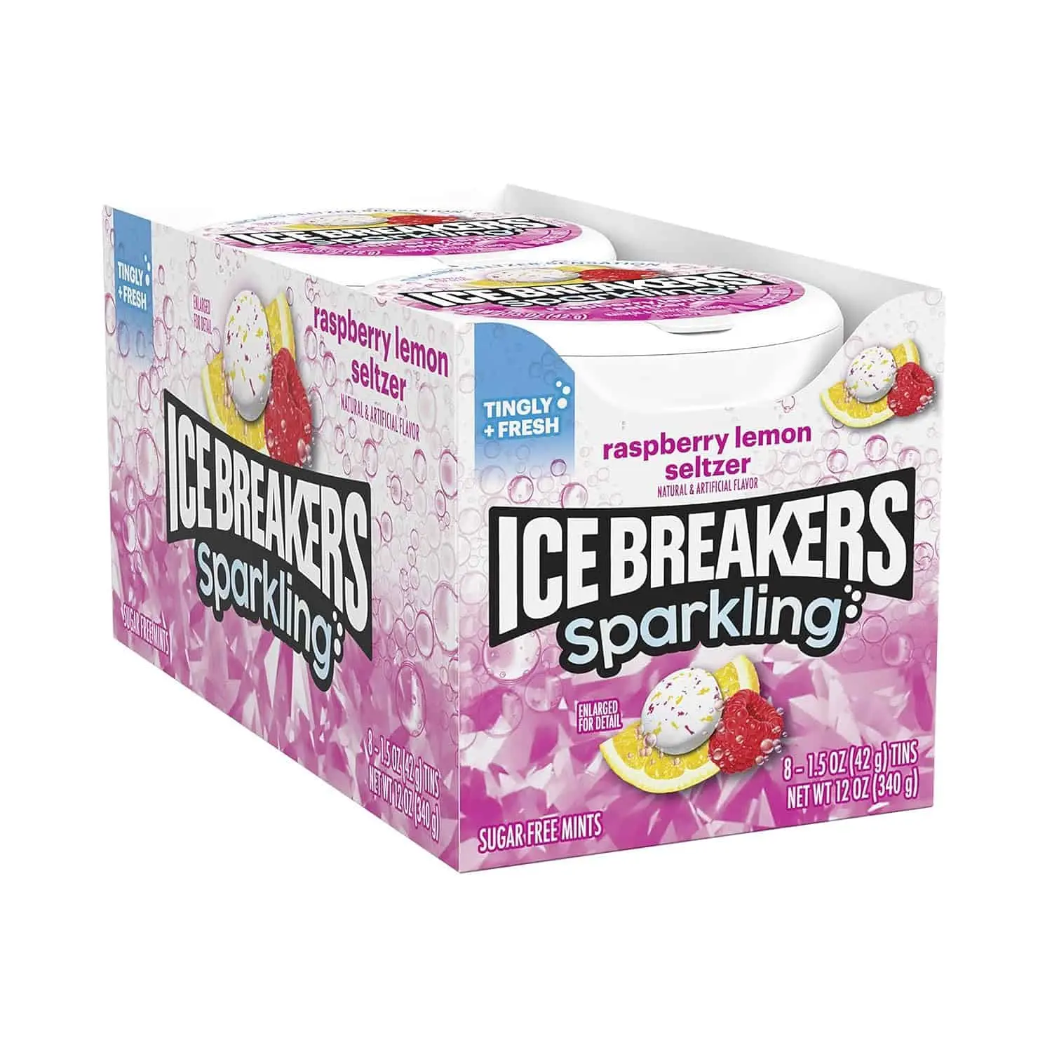 ICE BREAKERS Sweet Sparkling Raspberry Lemon Seltzer Breath Mints, 1.5 oz Convenient Travel-Sized Candy Tins (8 Count), On-The-Go Candies for Youth