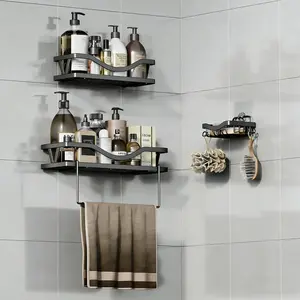 Adhesive Shower Caddy, Rustproof Shower Organizer with Soap Holder, 3Pack Large Capacity Shower Shelves for Inside Shower, No Drilling Bathroom Organizers and Storage, Black