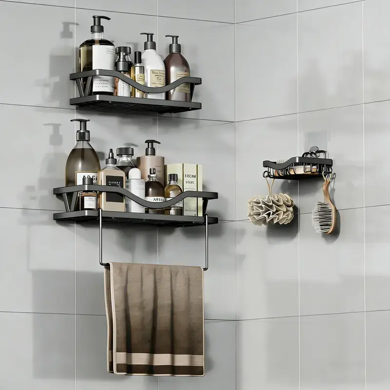 Adhesive Shower Caddy, Rustproof Shower Organizer with Soap Holder, 3Pack Large Capacity Shower Shelves for Inside Shower, No Drilling Bathroom Organizers and Storage, Black