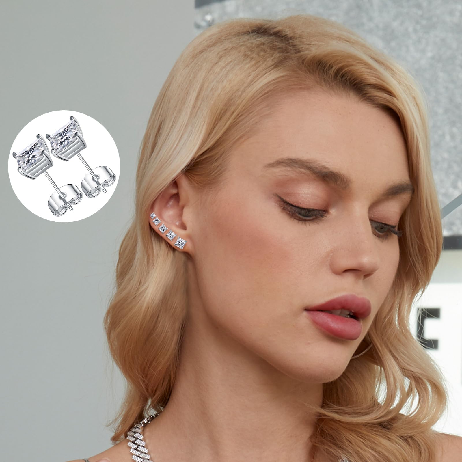 MDFUN 5 Pairs Princess Round Cut Cubic Zirconia Stud Earrings Hypoallergenic 3-7mm Square Clear CZ Earring Set for Women Men18K Gold Plated Princess Cut Cubic Zirconia Screw Back Stud Earring Pack of 5 Pairs (5 Pairs)
