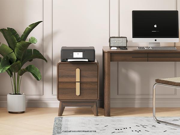 2-Pc Mid Century Nightstands, Dark Walnut Bedside Tables w/Drawers & Metal Handles, Solid Wood Feet