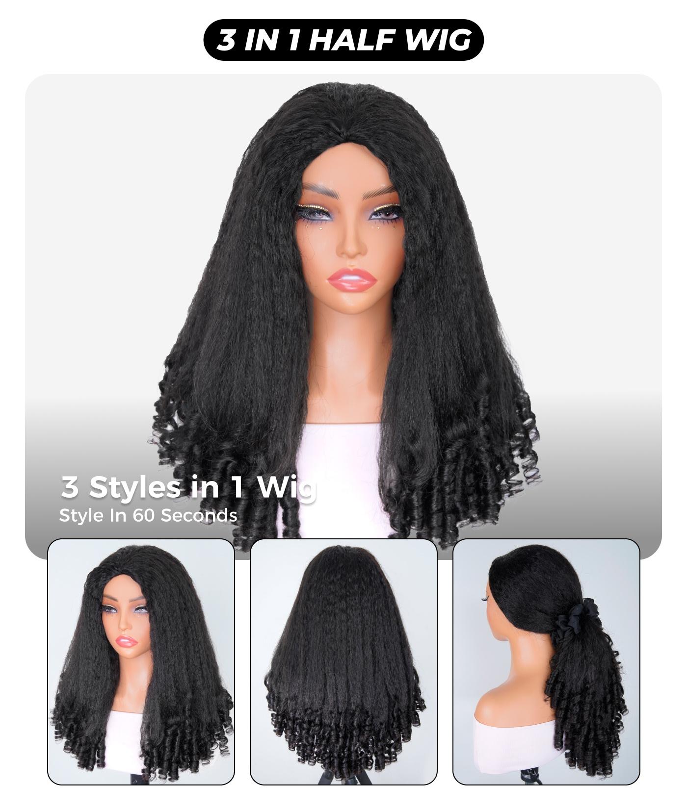 [NEW IN BLEND] OQ HAIR Kinky Straight Burmese Curly Half Wig 250% Density Seamless Flip Over Wig 3-IN-1 Half Wig Glueless Human Hair Wigs With Spiral Curls Ends for Beginner Friendly Invisible Hairline Blends Well With Natural Hair Free Styles
