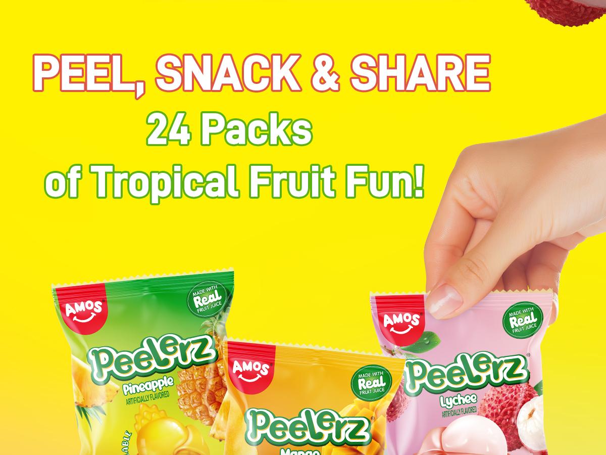 Amos Peelerz Fruity Gummies 608g New Tropical Edition Lychee Kiwi Peach Mixed Pack Mango Lychee Pineapple Exotic Chewy Fruit Candy Low Sodium Fat Free Sweet Juice Snack Bonbon