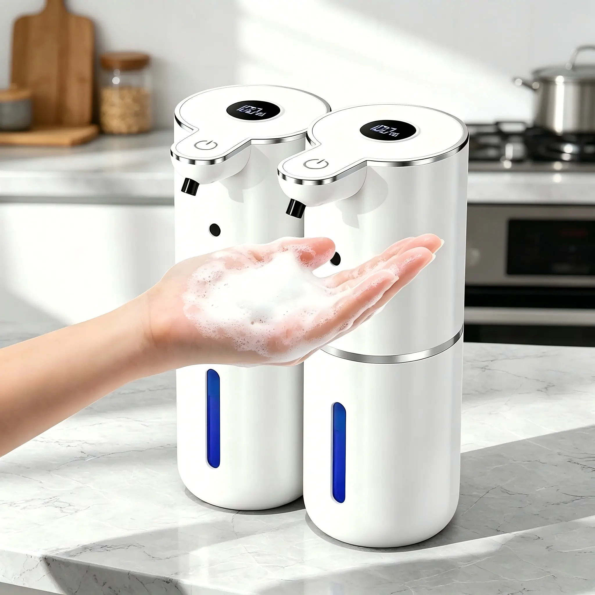 Automatic Foaming Soap Dispenser, 12.8oz Touchless Foaming Soap Dispenser, USB Rechargeable, 6 Adjustable Levels with Digital Display, Wall Mount, Waterproof for Kitchen, Bathroom, Hotel