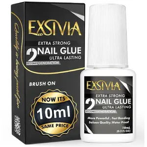 Super Strong Nail Glue for Press On Nails, Acrylic Nails & Nail Tips (10ml) Exsivia 2nd Gen NailBond for Fake Nails, Extra Strength,Long Lasting, Brush on Adhesive, No Dehydrator or Primer Needed