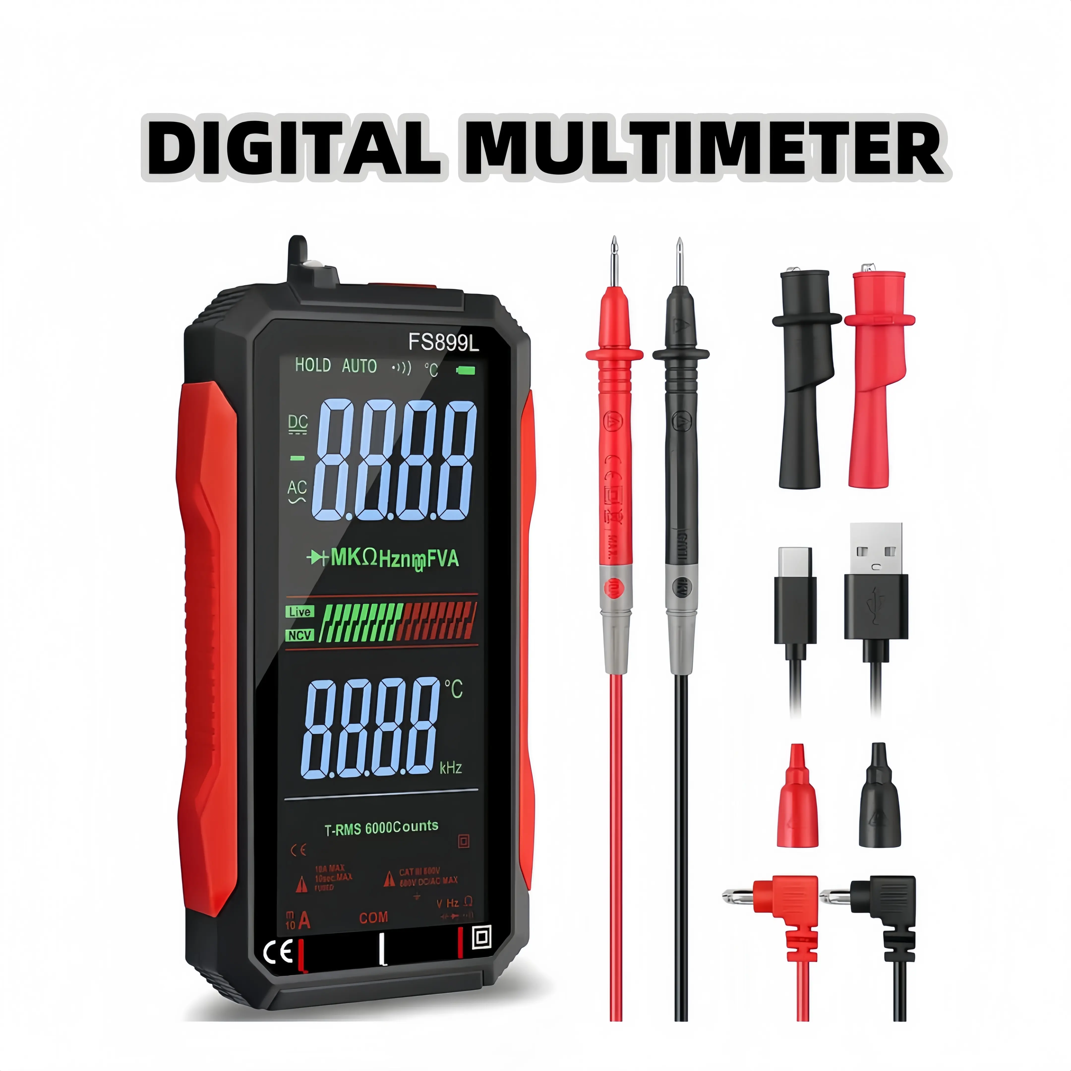 Fully Automatic Intelligent Digital Multimeter, 4.8 Inch Color Screen, AC/DC Voltage Resistance Capacitance Temp NCV Diode Continuity Tester, Professional Circuit Repair Tool