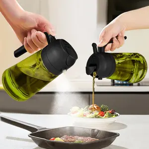 Leak-Proof Dual-Function 16oz 470ml Olive Oil Dispenser Bottle with Stickers 2 in 1 Sprayer for Cooking Salad Air Fryer Pan Baking Kitchen Gadget Borosilicate Glass PP Grip Handle gift light-blocking dark