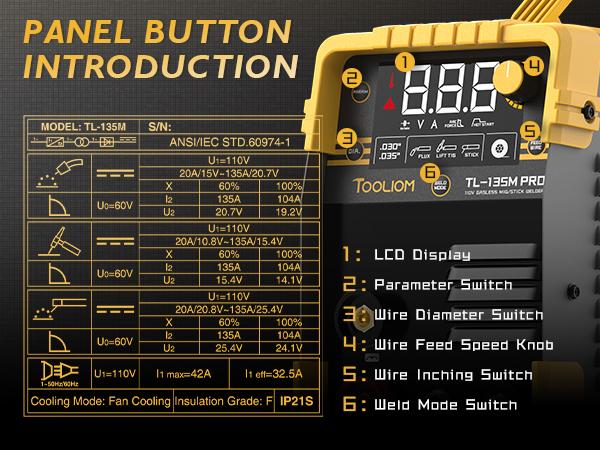 TOOLIOM 135A 110V Gasless Flux Core MIG Welder, Portable Flux MIG/Lift TIG/Stick 3 in 1 Welding Machine with IGBT DC Inverter & LCD Display