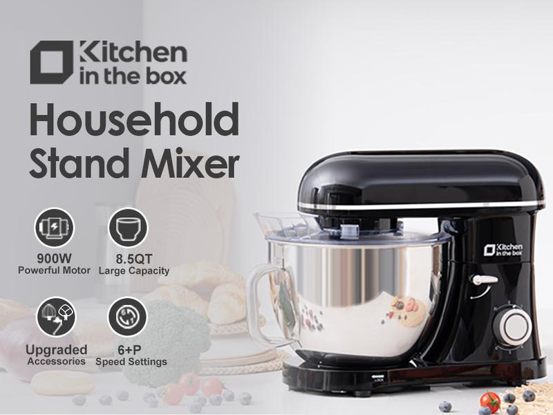 Kitchen in the Box Stand Mixer 8.5 Quart 900W Electric Mixer with Stainless Steel Bowl, 6 Speed Settings, Dough Hook, Flat Beater & Egg Whisk for Heavy Dough, Large Capacity Food Mixer for Home Cooks Household