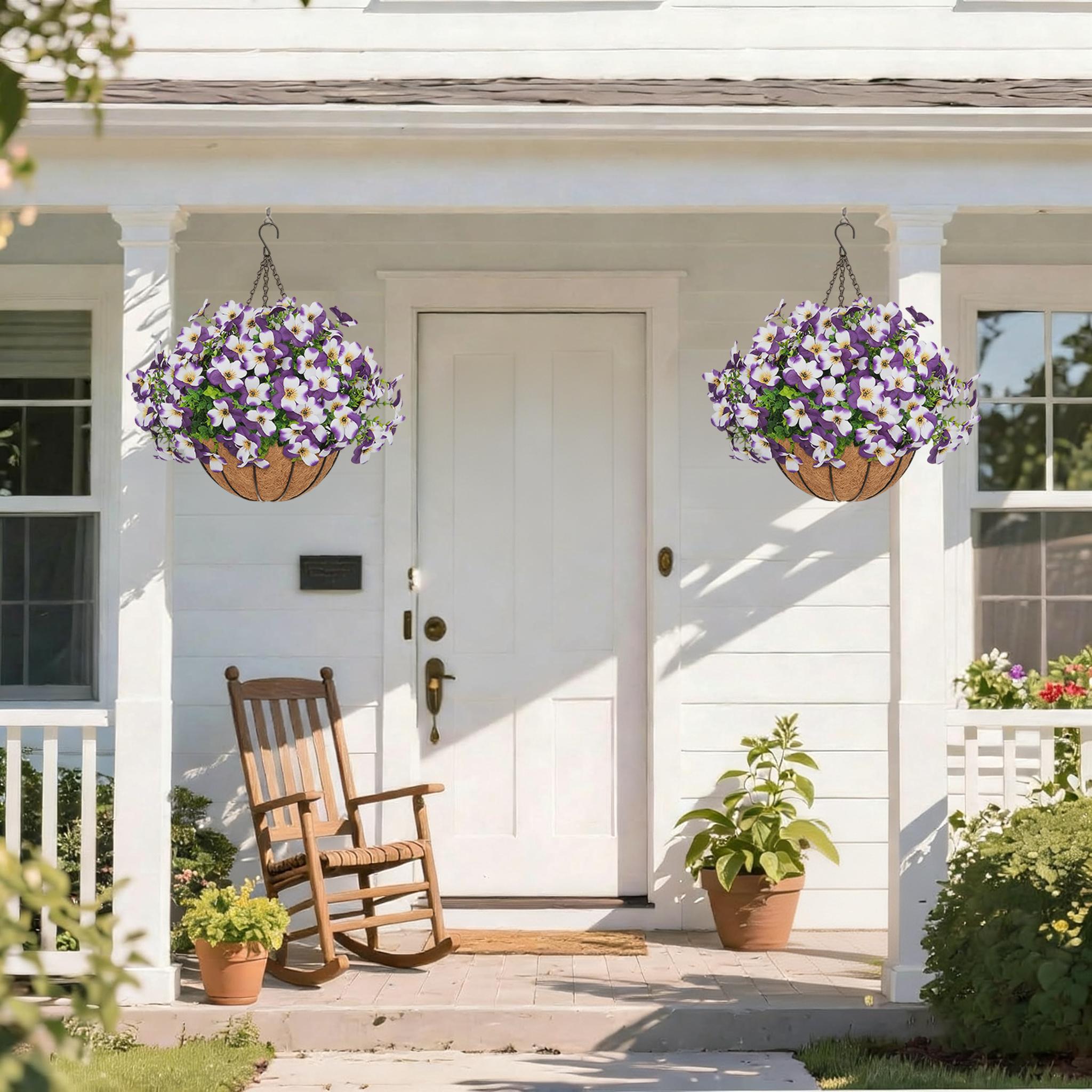 2 Pcs Artificial pansy hanging plant basket, perfect for summer outdoor decoration, made of realistic silk material, UV-resistant, featuring vibrant daisies and eucalyptus leaves, suitable for porches, homes, patios, balconies, and gardens. 2 Pcs Artificial pansy hanging plant basket, perfect for summer outdoor decoration, made of realistic silk material, UV-resistant, featuring vibrant daisies and eucalyptus leaves, suitable for porches, homes, patios, balconies, and gardens.