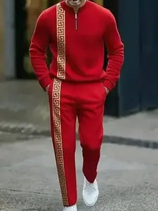 Men's fashion red and gold trimmed half-zipper sweater set, unique paper print to create a casual image of a man, adult casual wear in all seasons, high-quality fabric texture, suitable for gift-giving travel Style Icon Set
