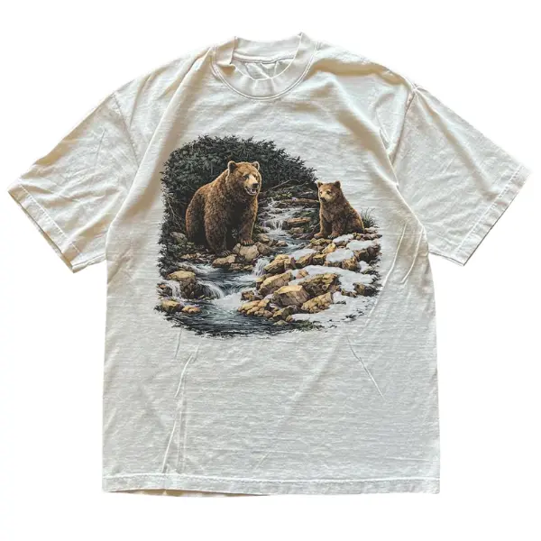Unisex Bear T-Shirt - Vintage 90's Inspired, Waterfall Forest Nature Wildlife, Casual Cotton Crewneck Short-Sleeve Woodland Streetwear Top (Menswear, Womenswear)