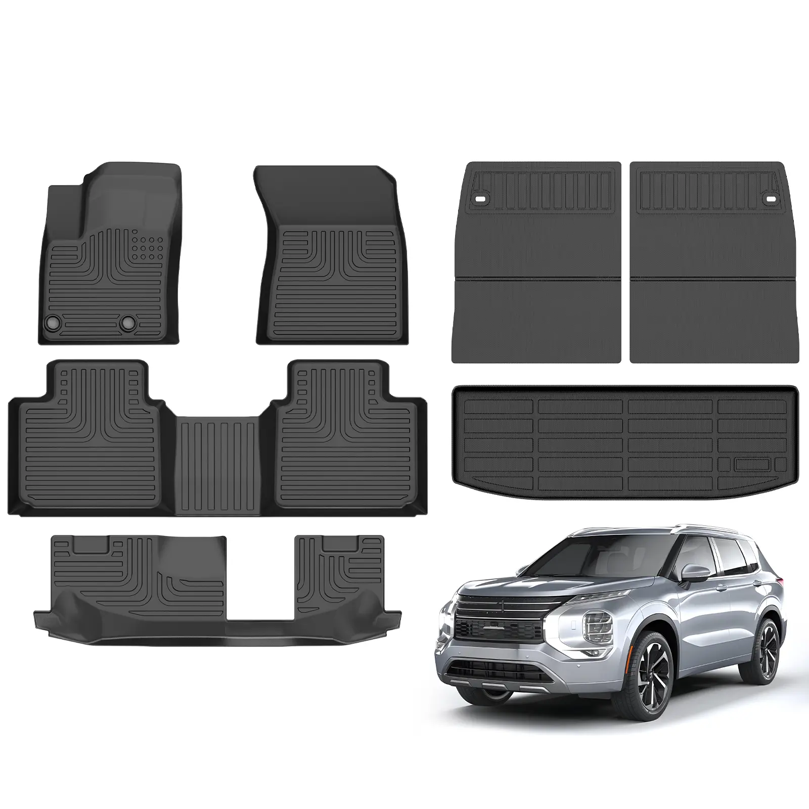 COLANAT 3-Row Floor Mats & Cargo Liner Set for Mitsubishi Outlander 2022-2025 (Gas Only - Not PHEV), Precision-Fit All-Weather 3D Scanned Heavy-Duty Waterproof High Edge Protection SUV Cars Accessories