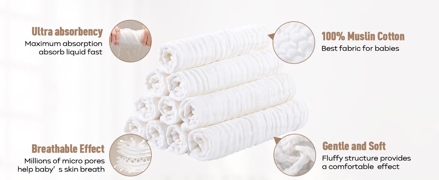 Yoofoss Muslin Burp Cloths for Baby 10 Pack 100% Cotton Baby Washcloths for Boys Girls Large 20''X10'' Super Soft and Absorbent White