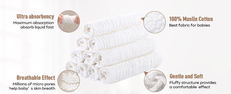 Yoofoss Muslin Burp Cloths for Baby 10 Pack 100% Cotton Baby Washcloths for Boys Girls Large 20''X10'' Super Soft and Absorbent White