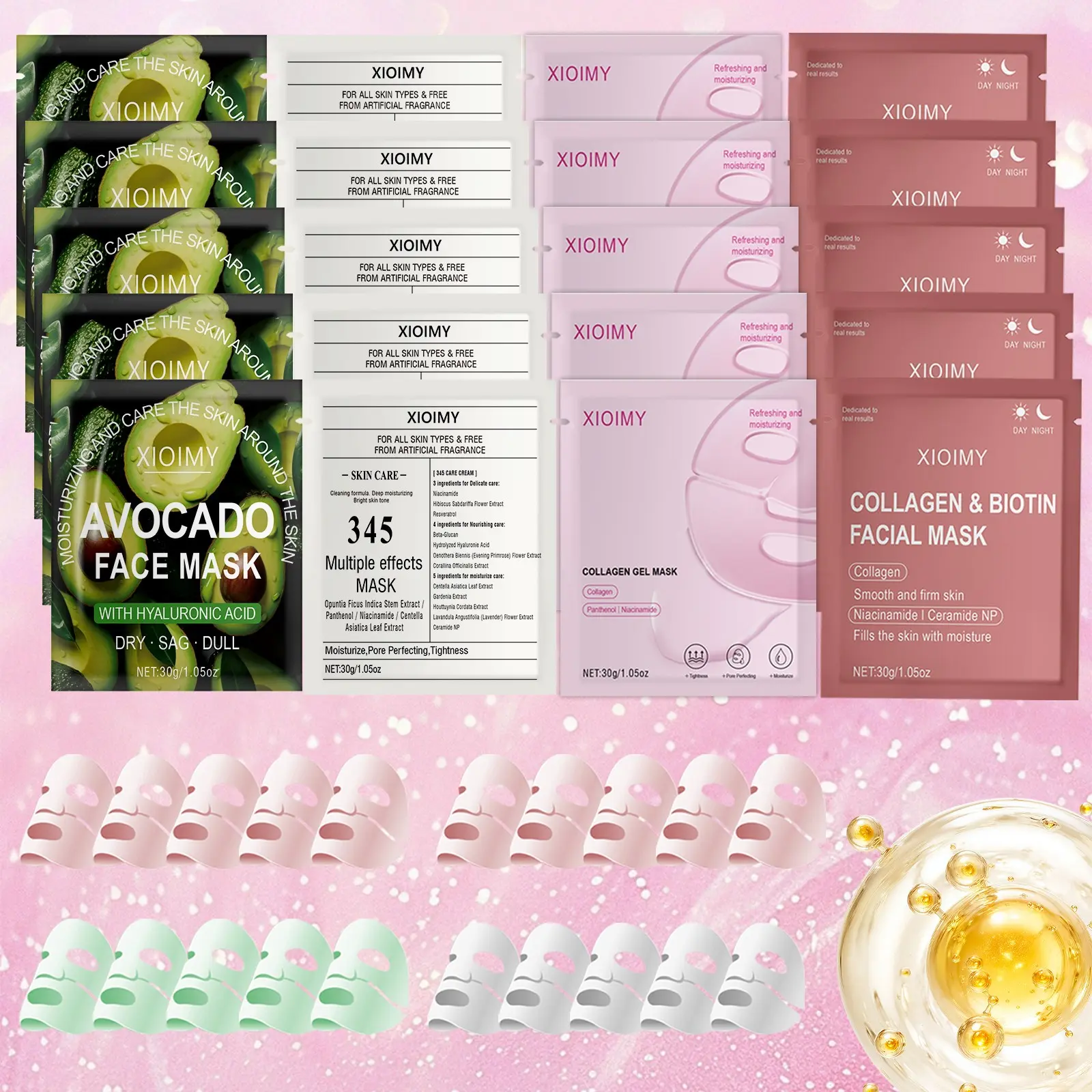 20pcs Collagen Protein Intense Hydrating Facial Treatment Mask Set, Deep Moisturizing, Smooth and Smoother Skin, Rich Bio-Collagen, Anti-Dryness Face Care