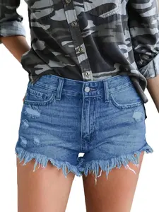 Plus Size High-Waisted Distressed Denim Shorts with Frayed Hems & Back Split Curvy-Friendly Fit for Summer Style - Bottom