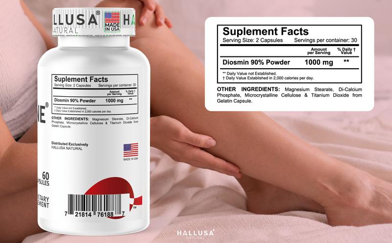 HALLUSA NATURAL HALLOSMINE ADVANCE 1000 mg x 60 Capsules Circulation Support with High-Potency Diosmin 90% for Healthy Vein & Blood Flow Gluten Free Non-GMO Dietary Supplement Made in USA - Edible